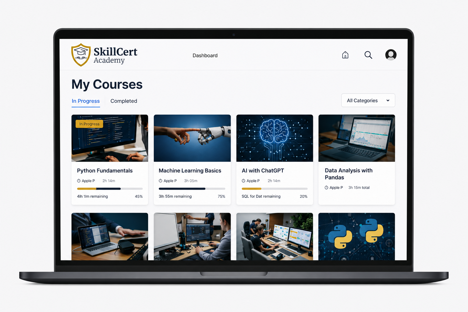 SkillCert Academy courses and learning view